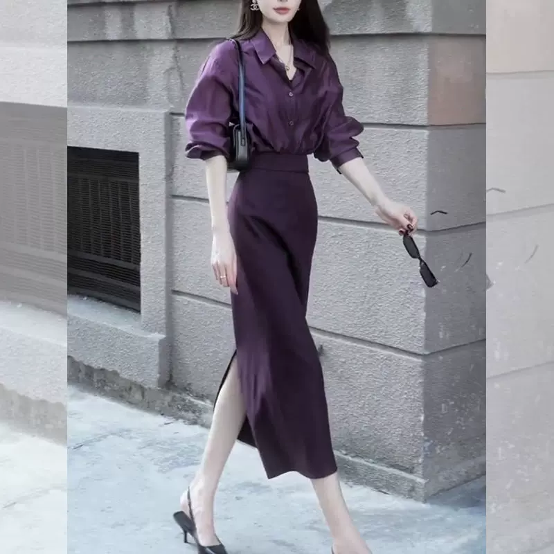 春装搭配一整套干练气质职业女装紫色衬衫半身裙盐系轻熟两件套装