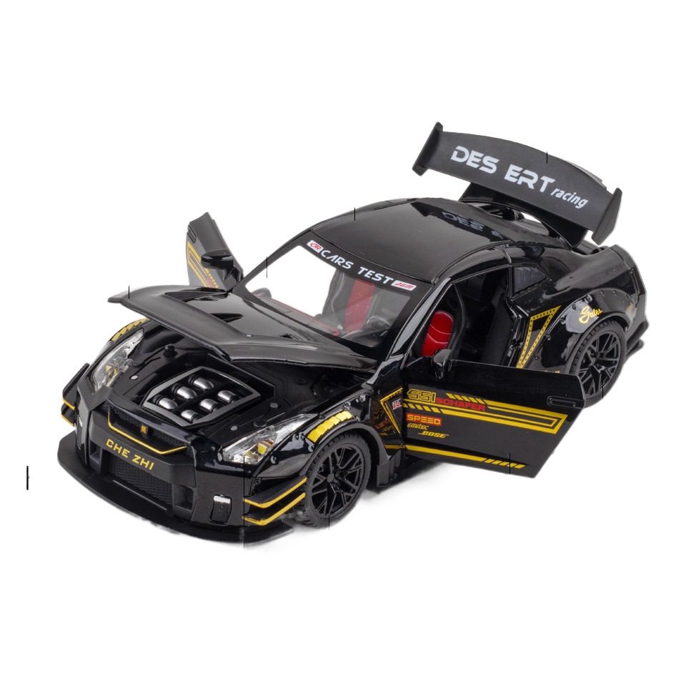 Aleación de coche 1 a 24 Nissan GTR modelo de coche deportivo Puerta Abierta sonido y luz Tire hacia atrás juguete coche deportivo modelo de música Decoración