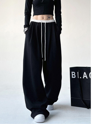 Oversized color-blocked waist slimming casual sweatpants wide-leg pants suitable for spring and autumn, high-waisted, droopy, loose, floor-length pants