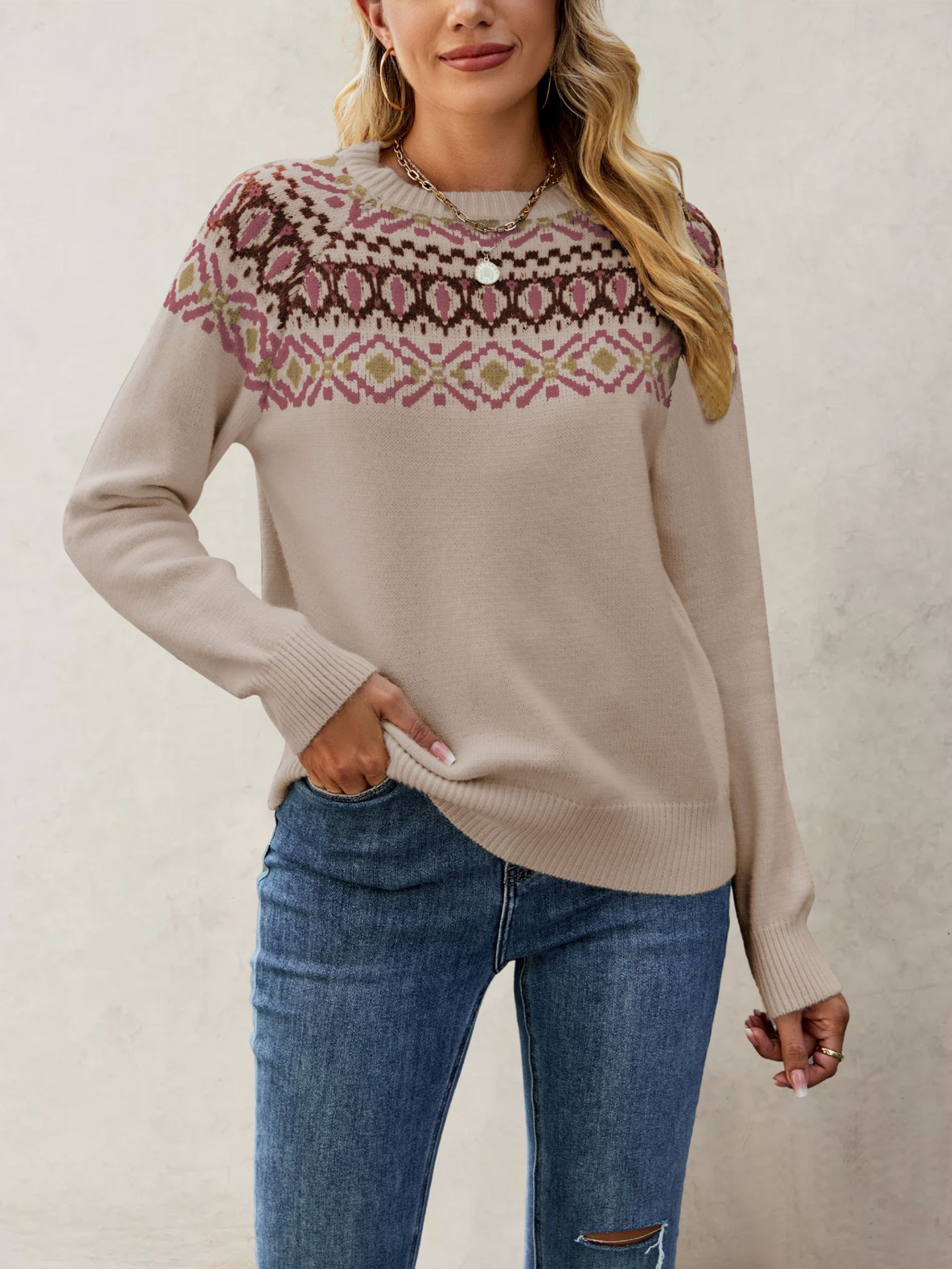 Suéter Jacquard Retro de Gran Tamaño con Cuello Redondo, Tejido de Punto, Estilo Europeo y Americano, Novedad Otoño-Invierno 2026, Éxito de Ventas en Amazon