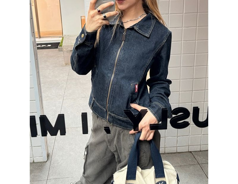 美式做旧修身拉链牛仔夹克外套女复古短款春秋新款百搭上衣潮|undefined