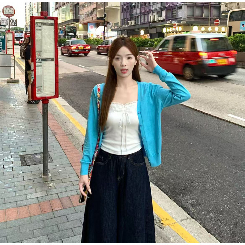原创V领蓝色花边针织开衫女2025早秋新款小个子修身短款三件套装|undefined