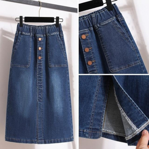 Spring new style elastic waist large size elastic split denim skirt fat medium long straight simple skirt