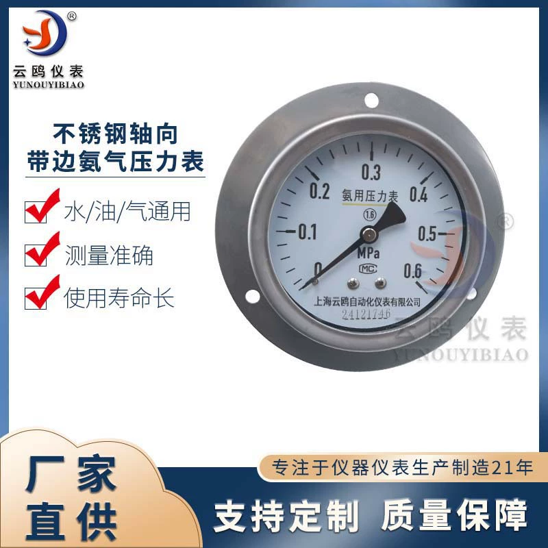 Нержавеющая сталь осевой ремень аммиачный манометр YA-100-ZQ фланцевая спинка M14 * 1.5