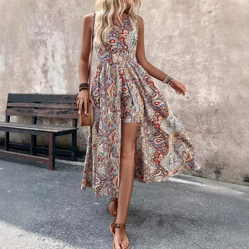 Amazon Wish Cross-Border Export Summer Vacation Casual Fashion Trendy Women's Printed V Neck Sleeveless Jumpsuit Amazon Wish Cross-Border Export Summer Vacation Casual Fashion Trendy Women's Printed V Neck Sleeveless Jumpsuit
