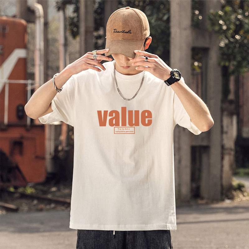 Camiseta de manga corta de los hombres de algodón de manga corta pie 230G pesada suelta marca de moda verano cuello redondo Camiseta de los hombres