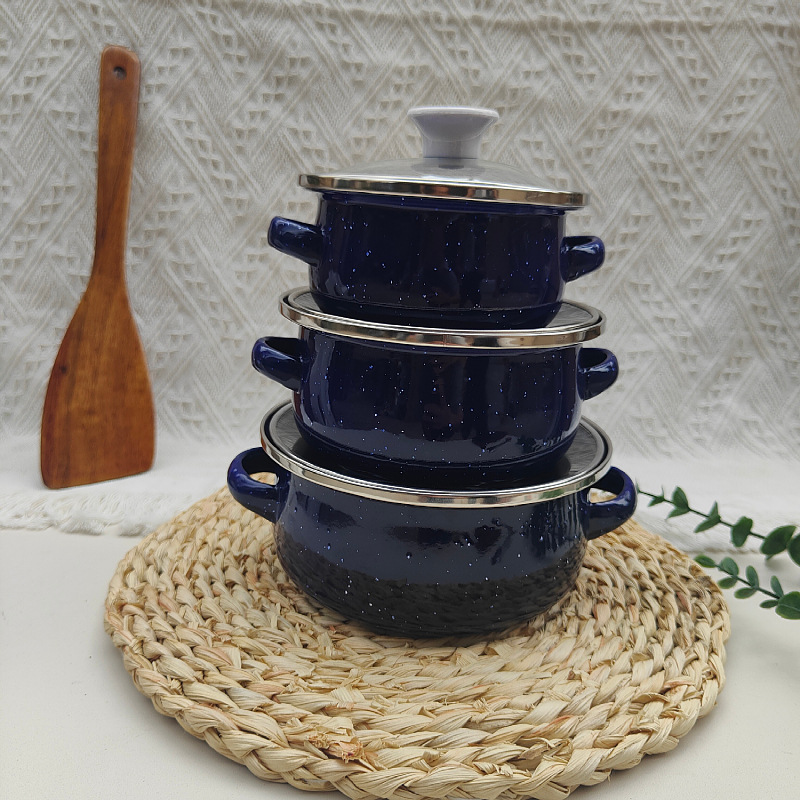 Juego de tres piezas de 12/14/16 cm esmalte pequeño olla de esmalte doméstico olla de cocina mini suplemento alimenticio para bebés con aceite