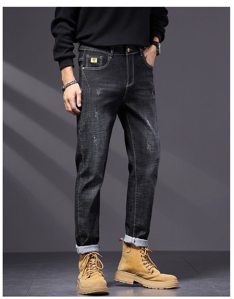 High ed jeas me's tredy brad 2024 Sprig ad Autum ew America black slim fit small foot casual log pats for_voghion.com