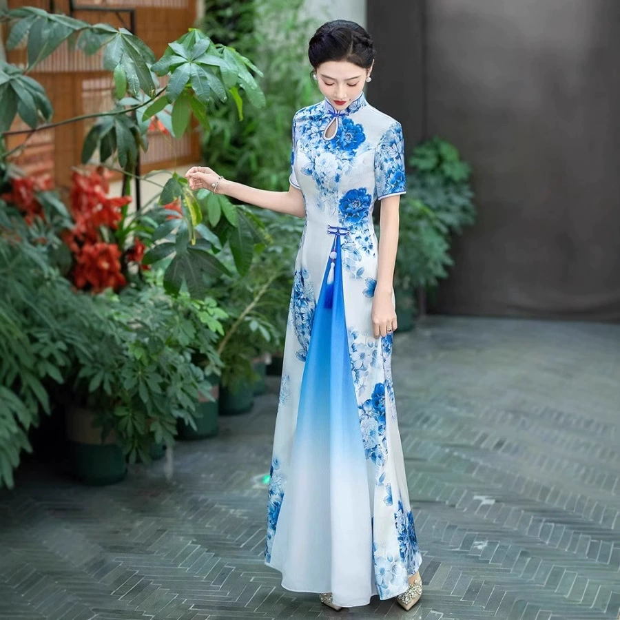 Ao Dai подиумный чонсам улучшенный 2025 новый китайский сценический костюм элегантное длинное платье для торжественных мероприятий большого размера