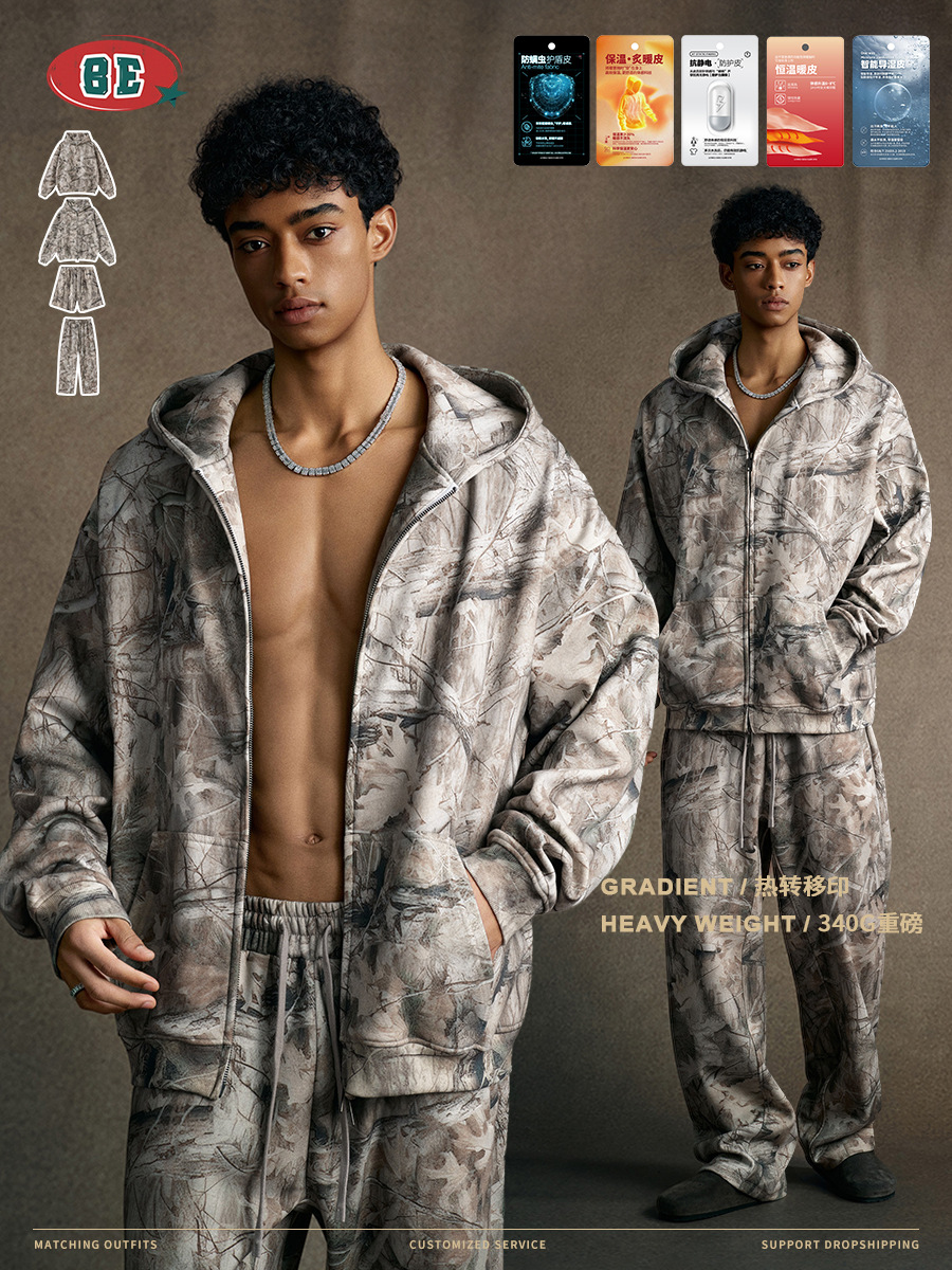 BE ropa de hombre de invierno 2025 marca de moda americana camuflaje con camisa encapuchada de terciopelo, chaqueta, pantalones cortos, set para hombre