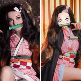 鬼灭之刃cosplay假发 动漫灶门祢豆子假毛精致染色渐变长卷发现货