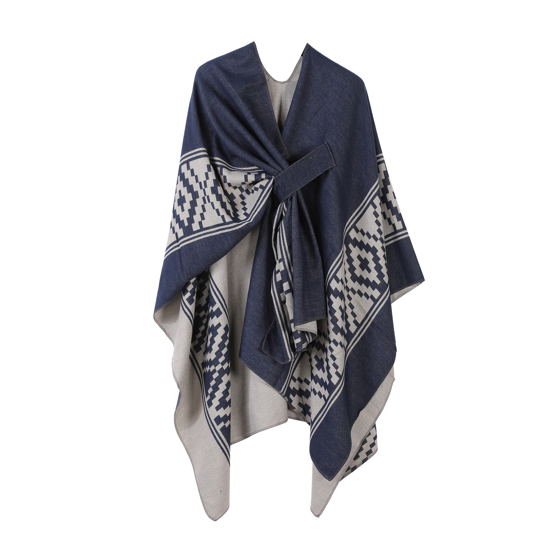 Chal de capa de doble cara lisa europea y americana con marco de puerta a rayas para mujer