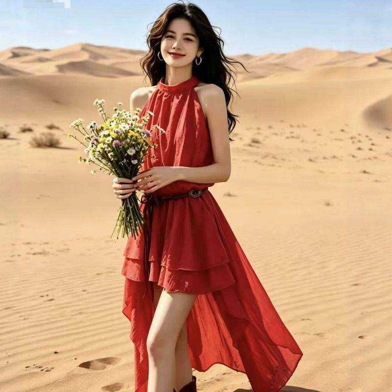 Summer New Style Sleeveless Halterneck Dress for Women, Vacation Style, Irregular Ruffles, Waist-Cinching, Slimming, Solid Color Beach Dress