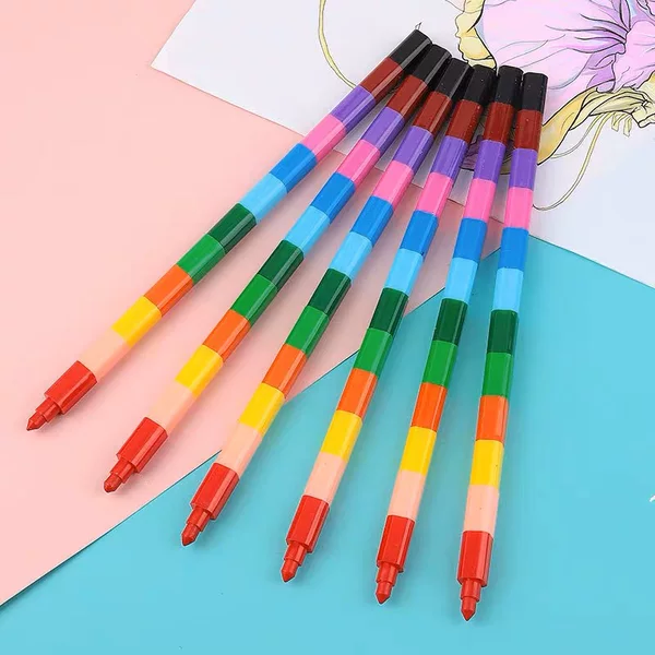 Creative building blocks splicing coloring crayons 12 colors square removable graffiti brush children's color filling pen stationery wholesale