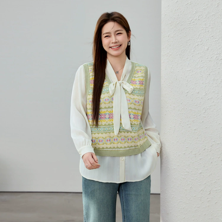 【Поддельный двухсекционный универсальный вязаный свитер Dopamine】Женская одежда больших размеров Slim Fit для женщин больших размеров, весенняя новая модель 2025 года.