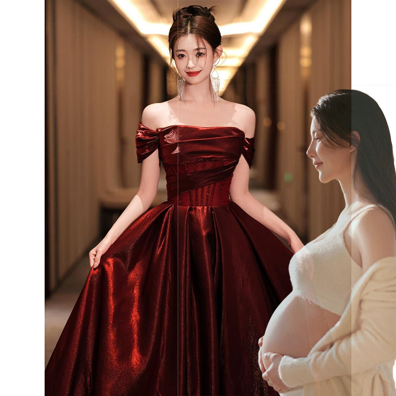 Pregnant Women's Toast Dress Bride's off-shoulder Red Engagement dress High-end Banquet Adult Ceremony Dress chubby girl plus size
