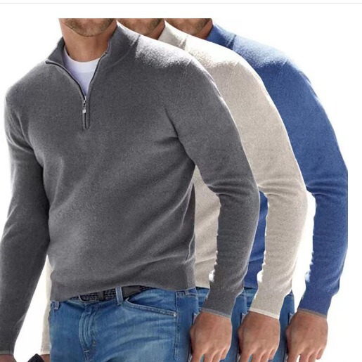 2026 Independent Site Amazon New Autumn Long Sleeve V-Neck Wool Zipper Men's Casual Top Polo Shirt