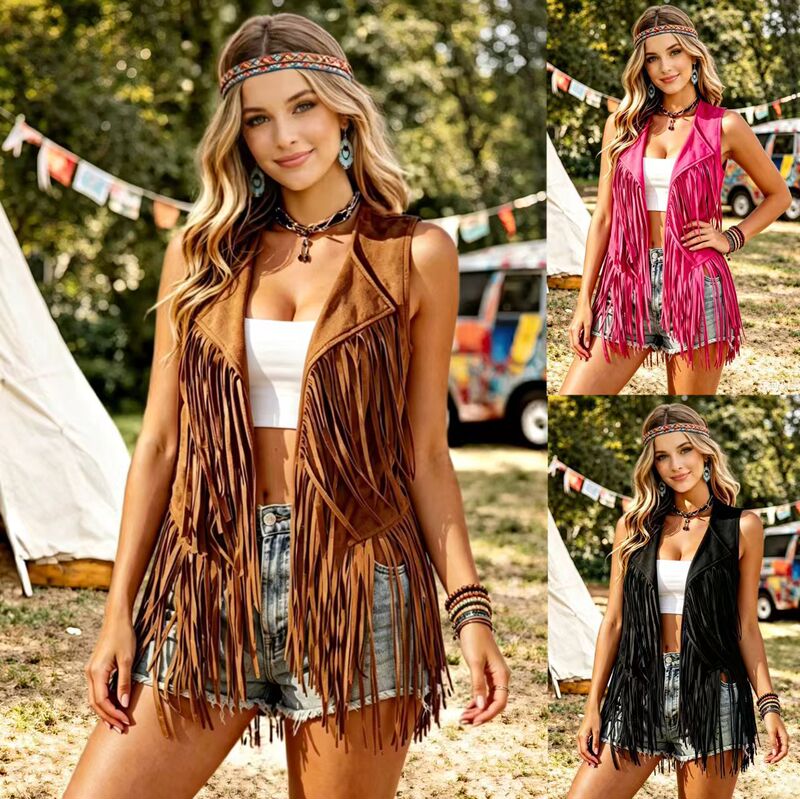2026 Cross-Border Amazon European and American Western Retro Tassel Vest for Women, Thick Style, Hippie Party Suede Vest