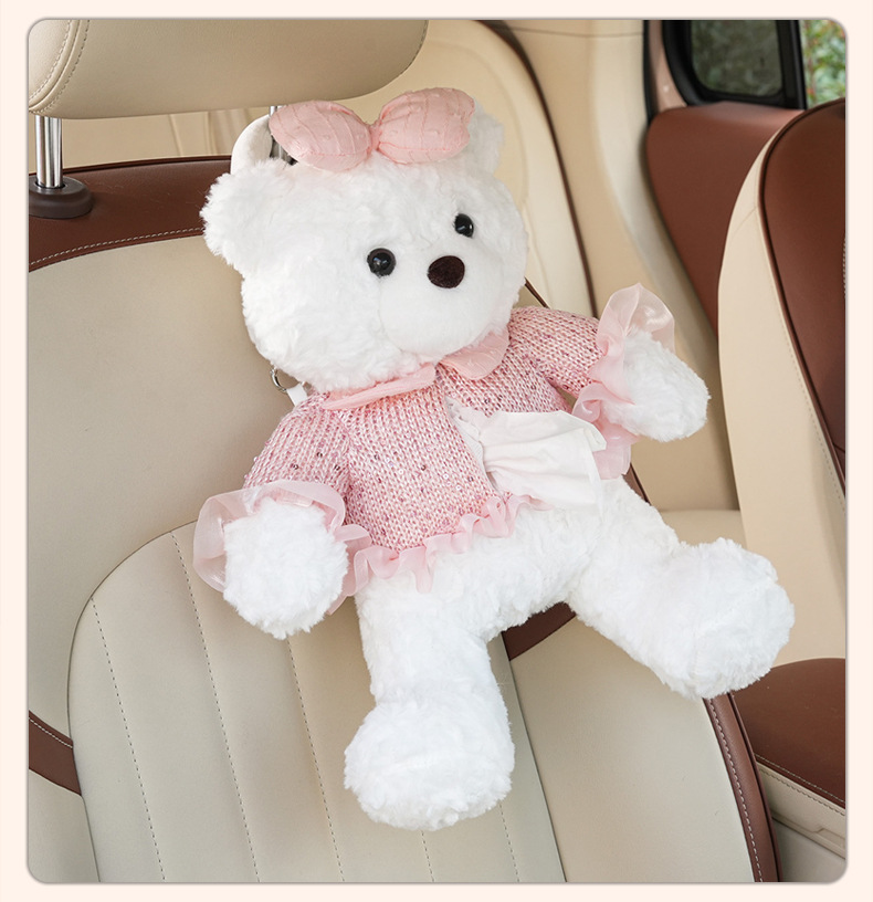 Cartoon bear car tissue box, creative car tissue hanging bag, cute plush toy car hanging tissue box