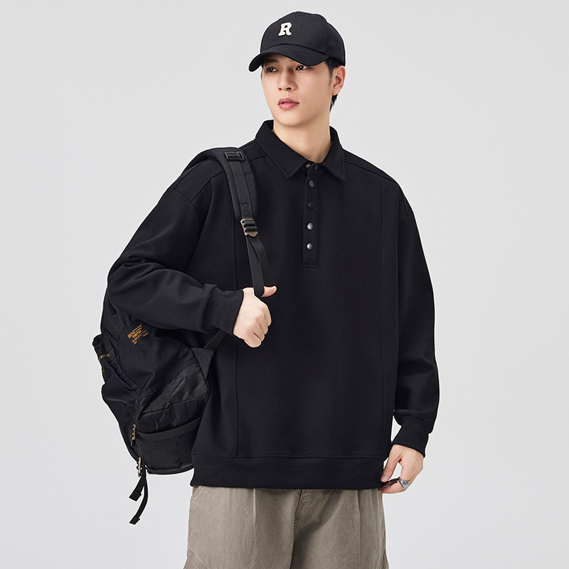 安洋纯色重磅长袖polo衫男士2025秋季新款翻领宽松休闲上衣服批发|undefined