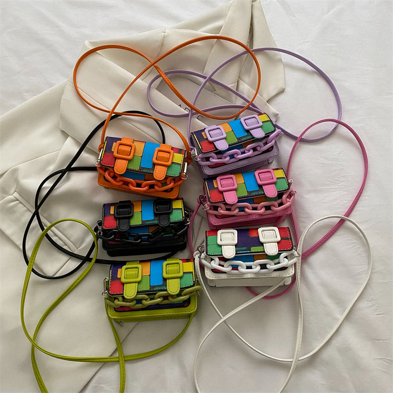 Bolsos transfronterizos de moda, bolso cuadrado pequeño, nuevo bolso de hombro con bloques de color arcoíris, bolso cruzado con bloques de color, mini bolso cuadrado pequeño para niños