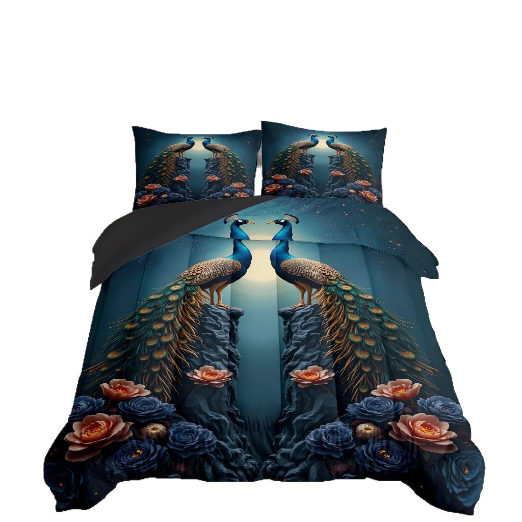 TEMU / JIT verde magnífico Peacock transfronterizo textil doméstico impresión digital HD 180gms colcha colcha ajuste de almohada