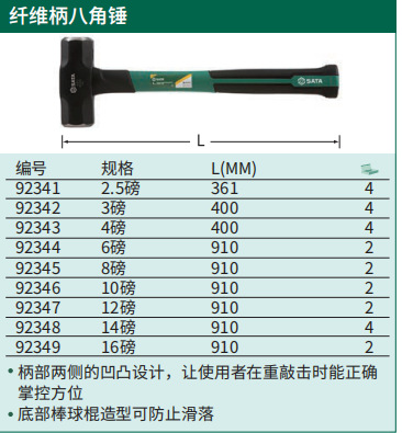 SATA世达工具 纤维柄八角锤 4磅  92343