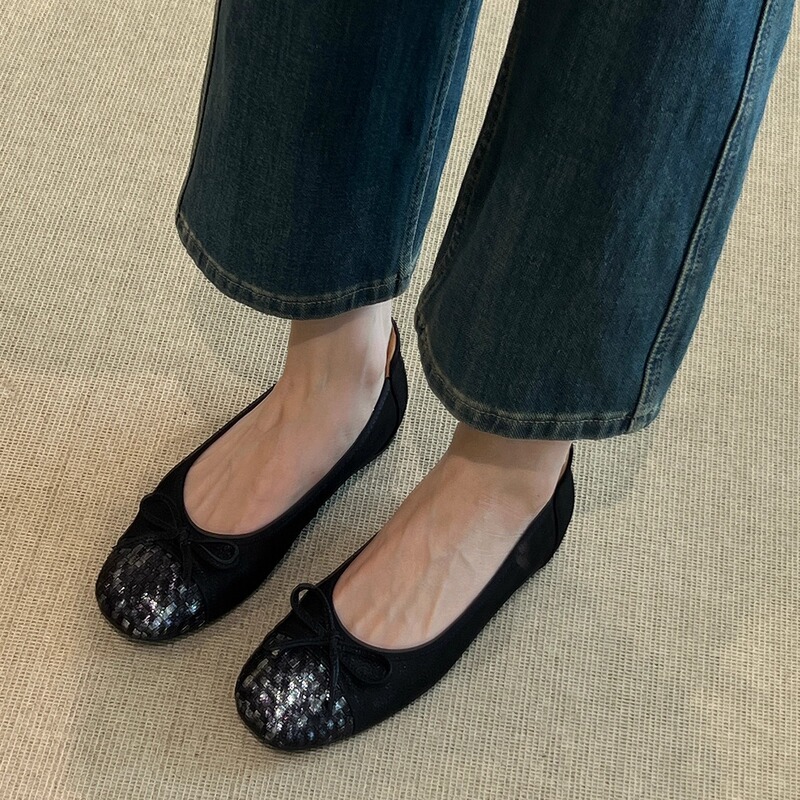 羊皮版~真皮法式编织蝴蝶结内增高拼接浅口单鞋女平底奶奶鞋瓢鞋|undefined