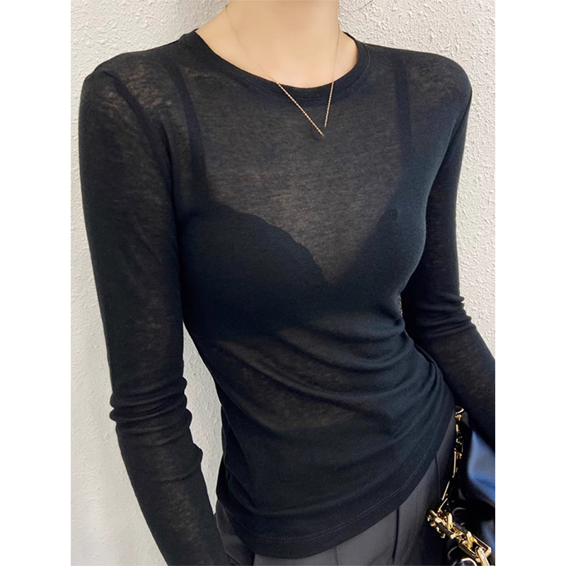 Black Shirt 2024 Spring and Autumn New Explosions Inner Base Shirt Women's Mesh Shirt Sexy High-end Perspective T-shirt