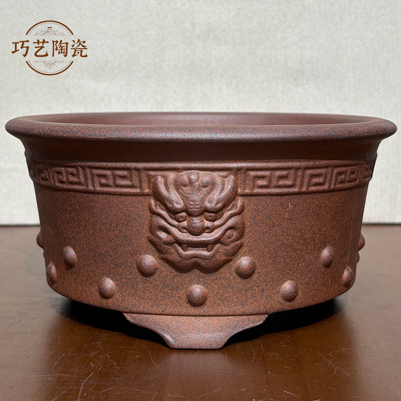 High-End Purple Clay Flower Pots, Round Bonsai Flower Pots, Creative Handmade Wood-Fired Old Flower Pots, Retro Coarse Pottery Pots