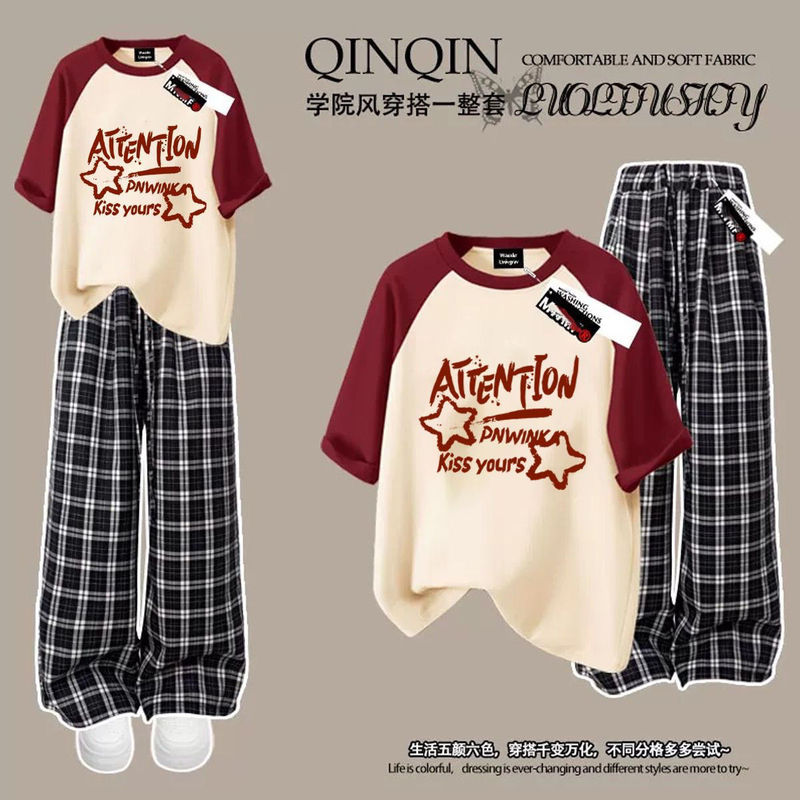 女子学生向けの夏の人気半袖Tシャツ単品/セット、甘いスタイル、ゆったりカジュアルなワイドパンツ、トレンドの2点セット|undefined
