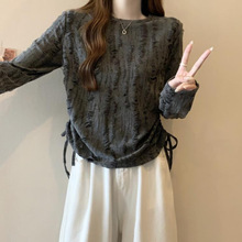 大码女装胖MM早秋复古抽绳破洞长袖T恤大码胖mm收腰显瘦短款女上