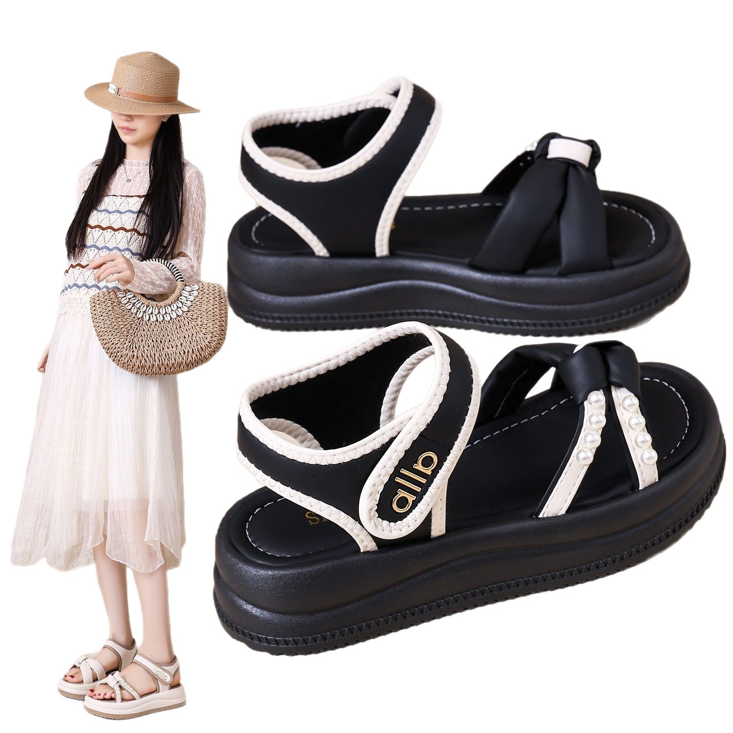 Sandalias de velcro gruesas para usar 2026 verano nueva moda versátil de hadas estilo romano zapatos de playa casuales para mujeres