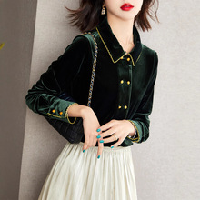 品牌正品新新女装2025秋季双排扣金丝绒娃娃领长袖打底衬衫小衫女