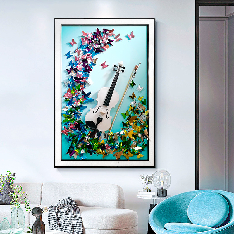 Pintura colgante de violín Hecho a mano Mariposa tridimensional Entrada de cuero Pasillo Pasillo Pintura decorativa Mural atmosférico de alta gama