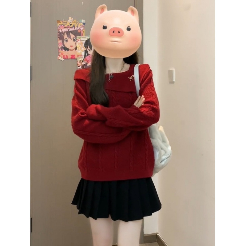 秋冬韩系甜美风穿搭圣诞红绞花斜领针织长袖上衣高腰半身裙两件套|undefined