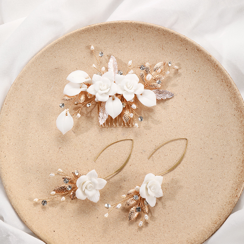 L3070 Carlina Bride Handmade Hair Comb Earrings Set Ceramic Wedding Accessory European and American New Headpiece
