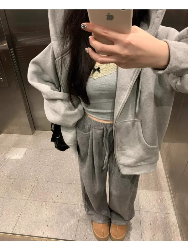 灰色卫衣拉链外套女春秋2025新款早秋穿搭大帽子chic韩系连帽上衣|undefined