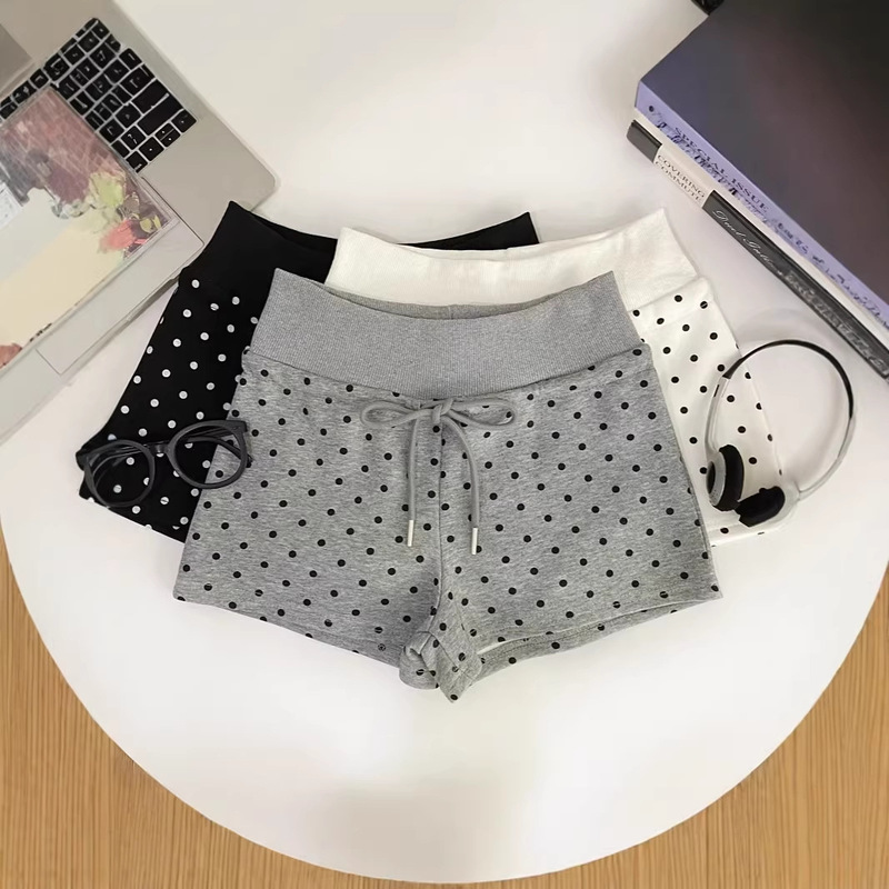 Polka Dot Drawstring Elastic Waist Sports Shorts for Women 2026 Spring New Versatile Slim-Fit Wide-Leg Hot Pants