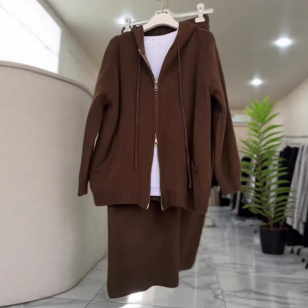 Robe en maille à capuche avec fermeture éclair pour femme confort_voghion.com