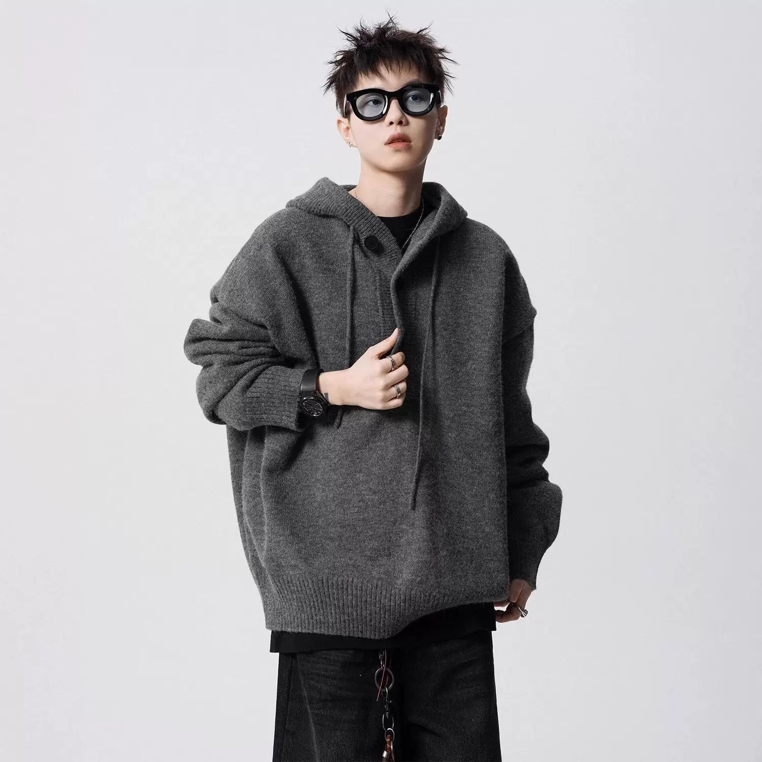 高街纯色连帽针织衫男款冬季美式cleanfit连帽卫衣感痞帅毛衣男