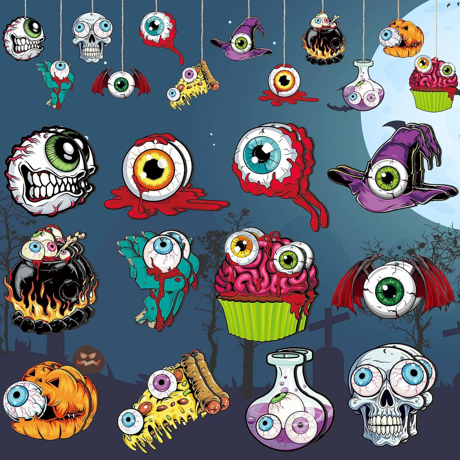 24 шт., деревянные подвесные украшения на Хэллоуин, украшение в виде глазного яблока, украшение в виде дерева, выдолбленное веревкой, украшение для семейной вечеринки, товары для вечеринок