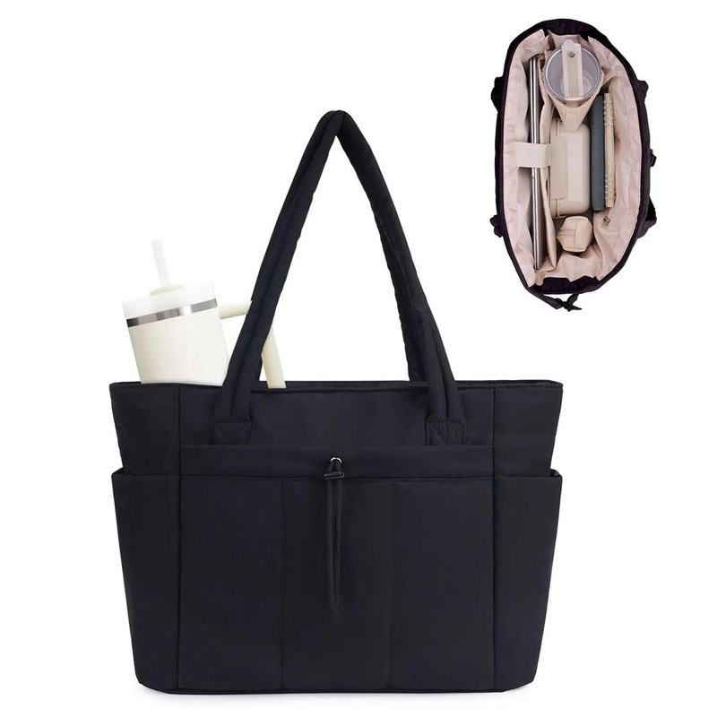 Nylon Cotton Quilted Women's Tote Bag with Cup Holder, Multi-Compartment, Lightweight Commuter Bag, Casual Handbag, Computer Bag