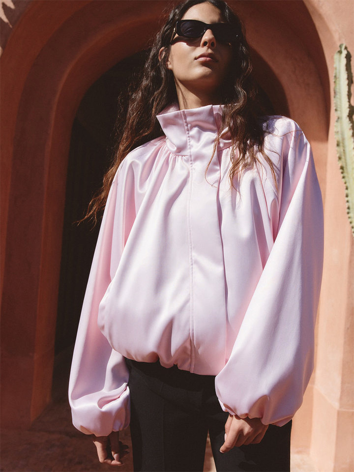 Áo khoác jacket satin cổ đứng tay hoa tulip dáng rộng — Màu hồng, Màu xanh dương, màu đỏ chi tiết 10