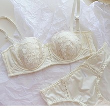 千金名媛法式绸缎蕾丝薄杯半杯内衣少女小胸聚拢上托纯欲文胸套装