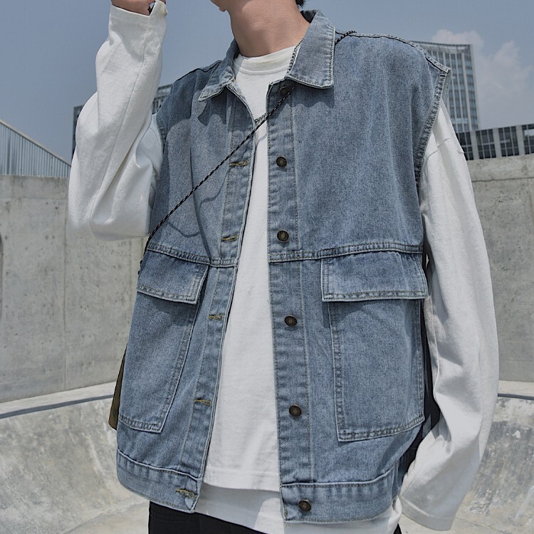 Denim Vest Men's Spring and Autumn Thin Ins Trendy Horse Clip Tooling Sleeveless T-shirt Waistcoat Loose Winter Jacket