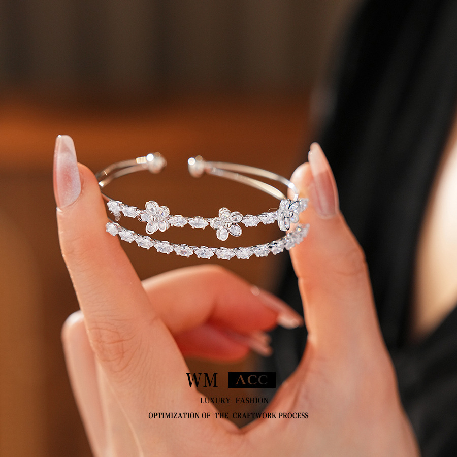 Flor de circón pulsera redonda de doble apertura de doble capa, lujo ligero, estilo frío, pulsera exquisita, joyería de moda de alta gama de todo fósforo
