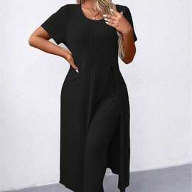 新款欧美御姐风黑色坑条针织套装女短袖开衩长裙阔腿裤时尚休闲两