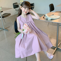 Pure Cotton Long-Sleeved Girls' Dress with Elegant Pleats, Children's Summer Tank Top Skirt, Little Girl's Sleeveless Princess Dress