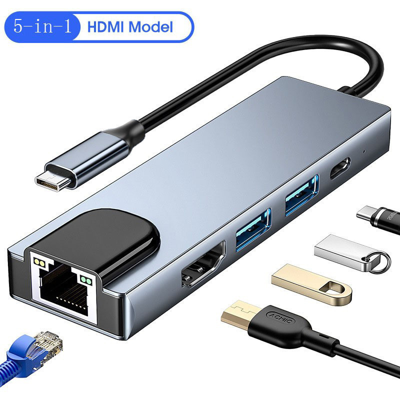 跨境批发type-c带网卡五合一扩展坞USB+HDMI+PD多功能hub拓展坞|undefined